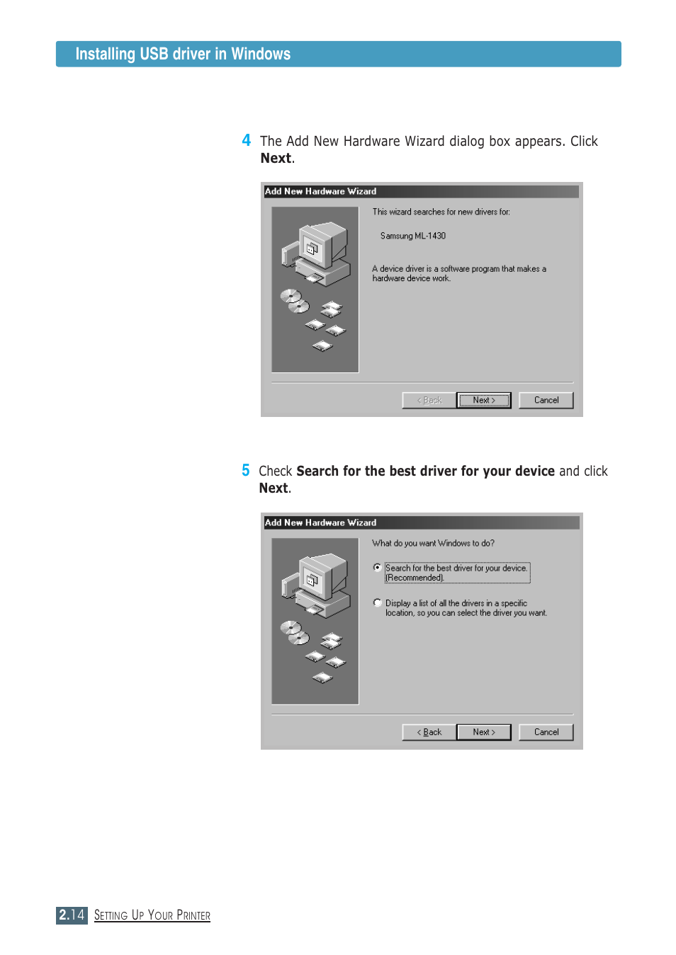 Installing usb driver in windows | Samsung ML-1430 User Manual | Page 29 / 143