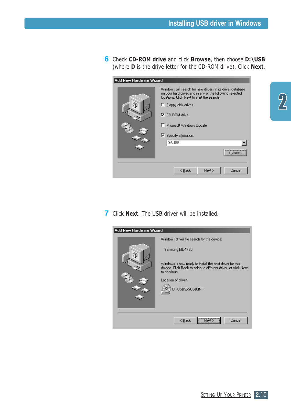 Installing usb driver in windows 7 | Samsung ML-1430 User Manual | Page 30 / 143