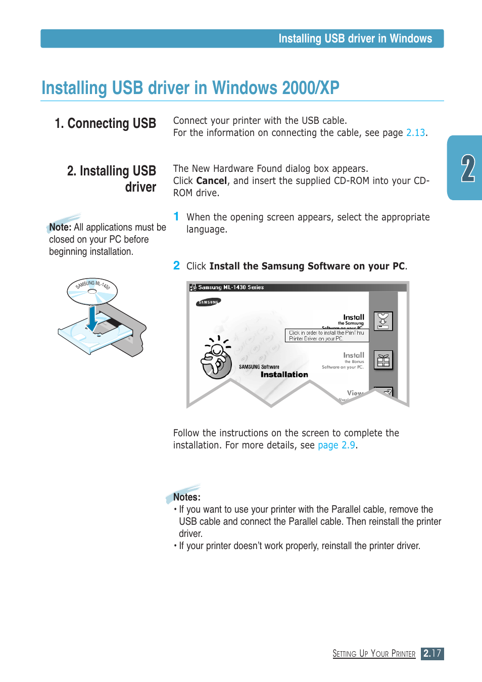 Installing usb driver in windows 2000/xp, Connecting usb, Installing usb driver | Installing usb driver in windows | Samsung ML-1430 User Manual | Page 32 / 143