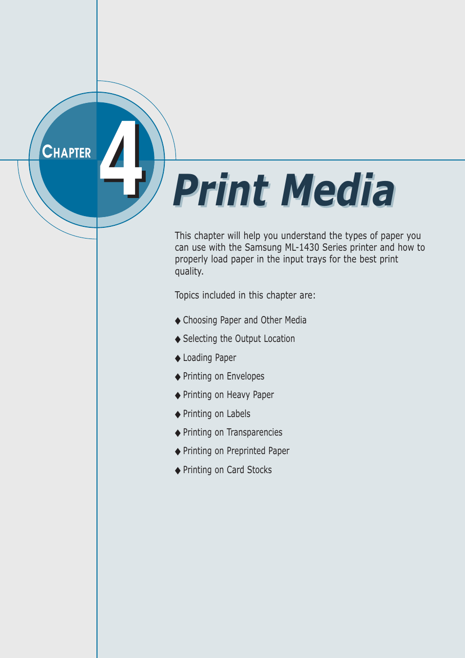 Chapter 4 print media, Print media | Samsung ML-1430 User Manual | Page 39 / 143