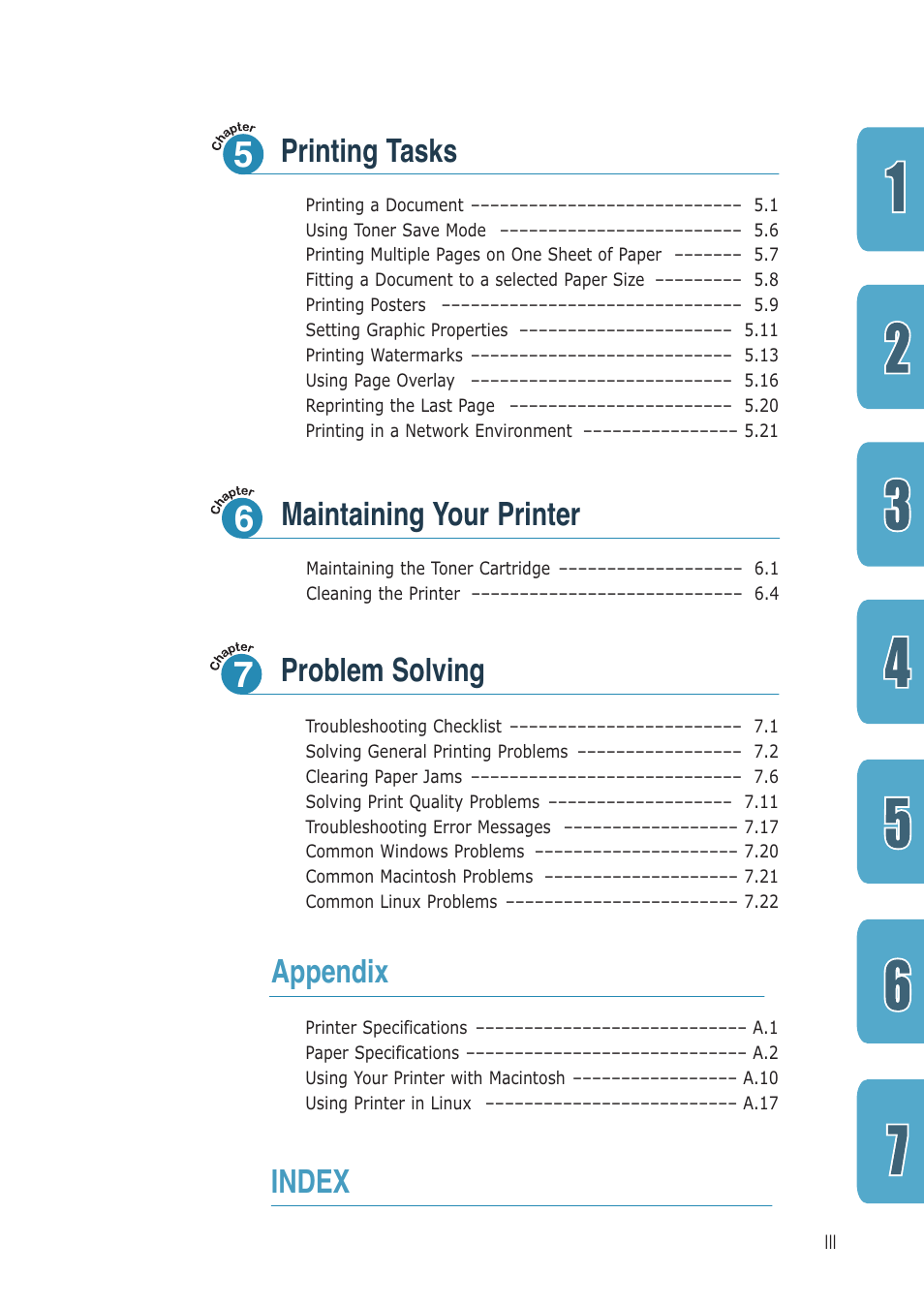 Maintaining your printer, Printing tasks, Problem solving | Appendix index | Samsung ML-1430 User Manual | Page 4 / 143