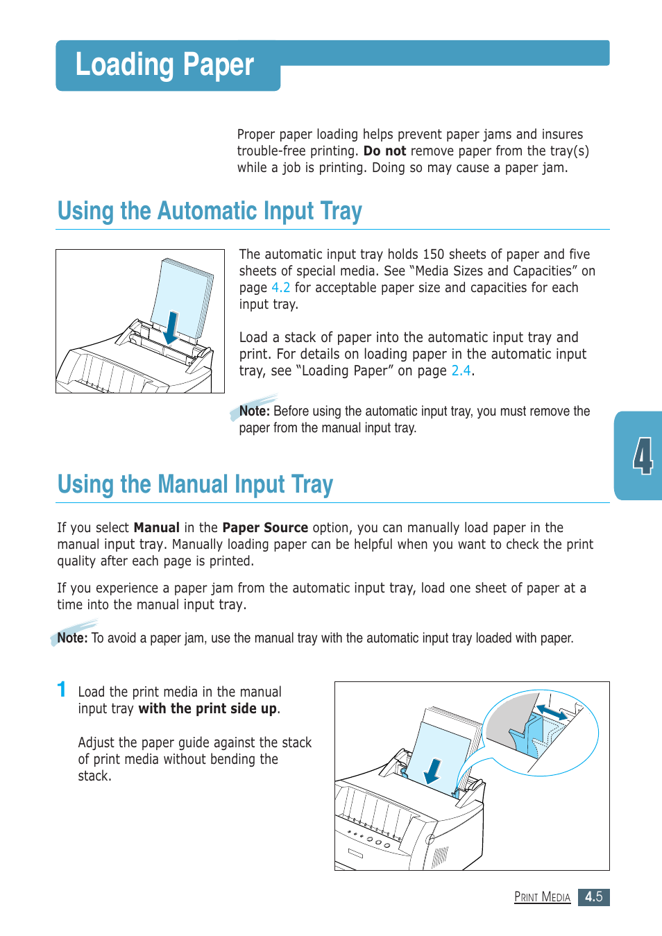 Loading paper, Using the automatic input tray, Using the manual input tray | Samsung ML-1430 User Manual | Page 44 / 143