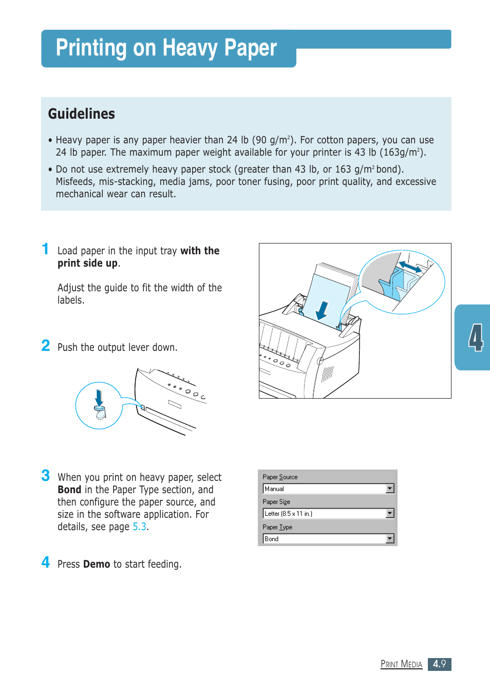 Printing on heavy paper, Guidelines | Samsung ML-1430 User Manual | Page 48 / 143