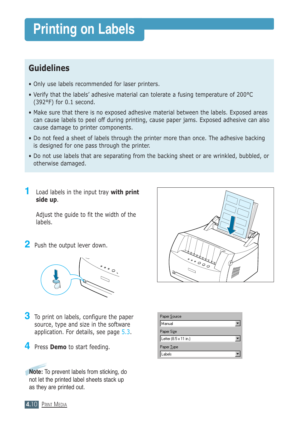 Printing on labels, Guidelines | Samsung ML-1430 User Manual | Page 49 / 143