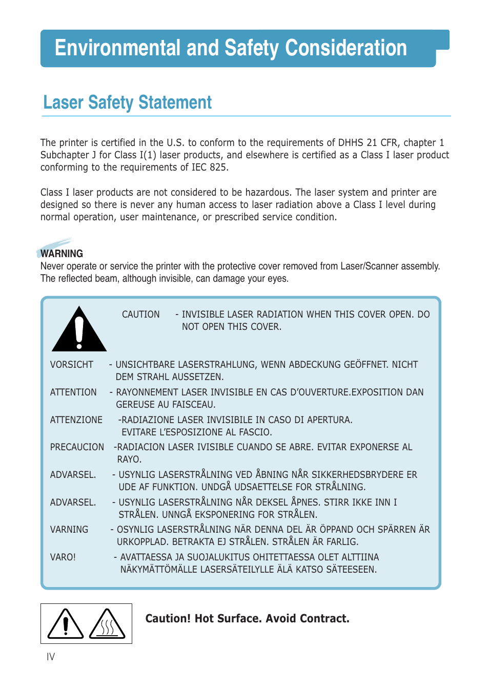 Environmental and safety consideration, Laser safety statement | Samsung ML-1430 User Manual | Page 5 / 143