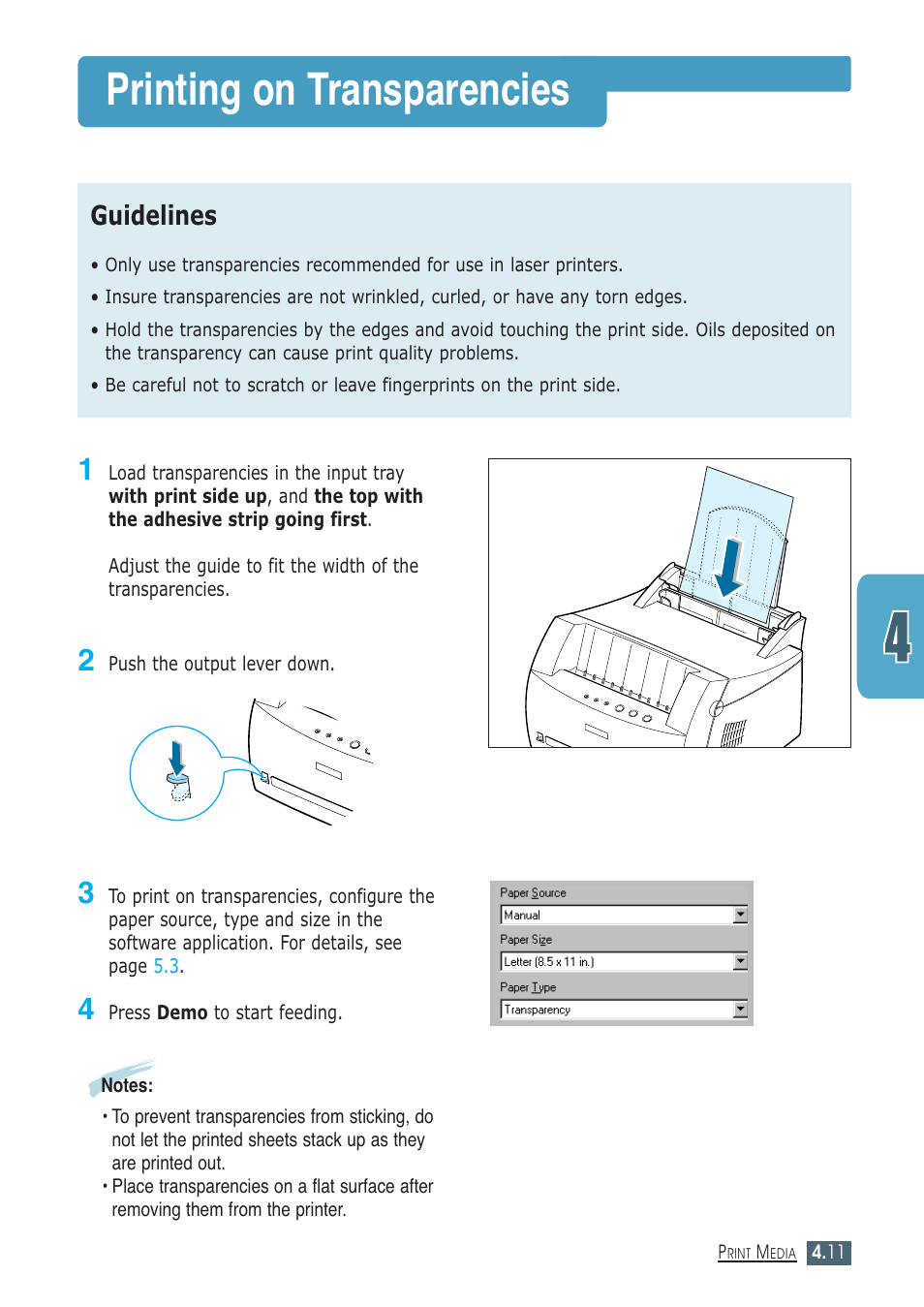 Printing on transparencies, Guidelines | Samsung ML-1430 User Manual | Page 50 / 143