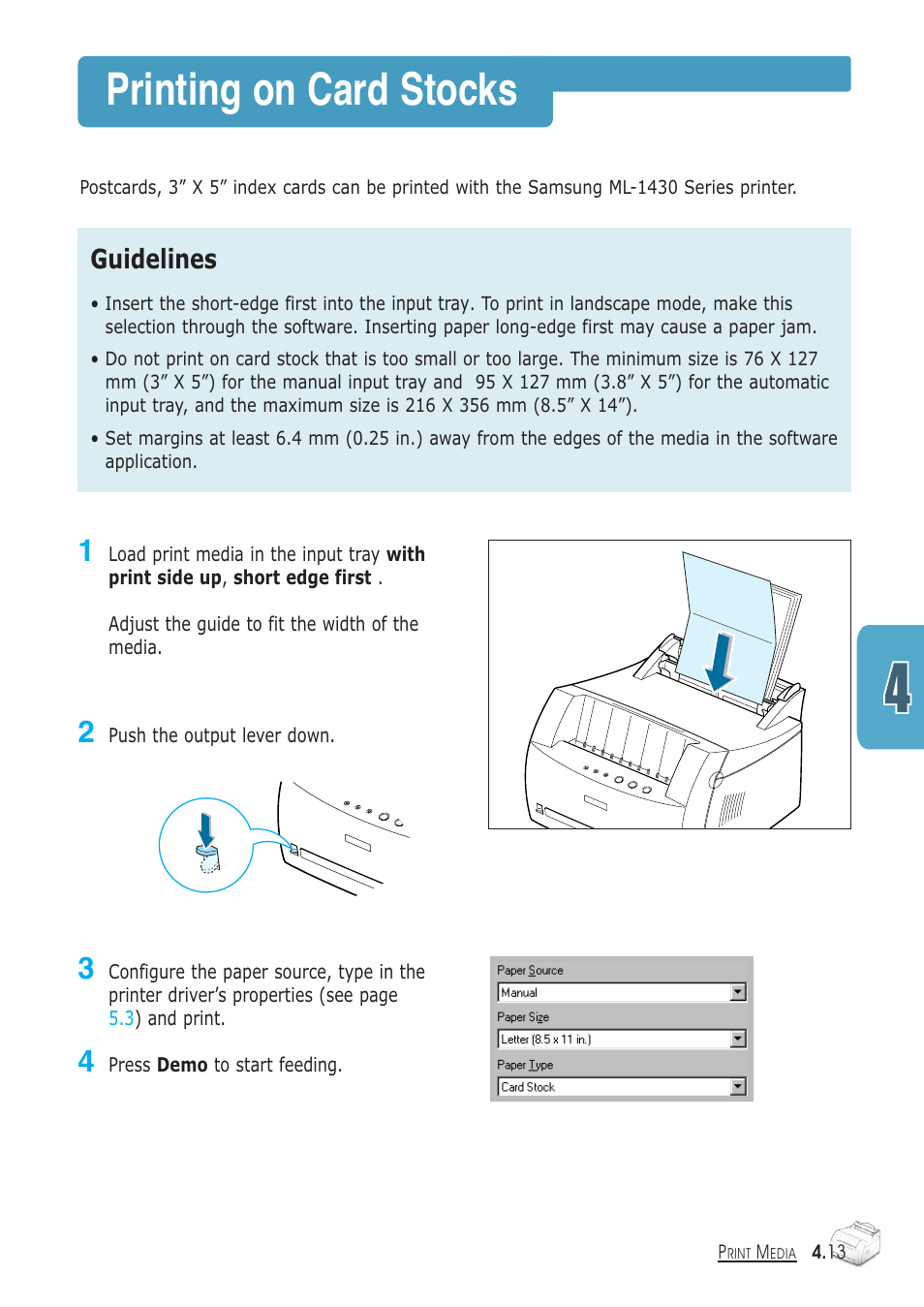 Printing on card stocks, Guidelines | Samsung ML-1430 User Manual | Page 52 / 143