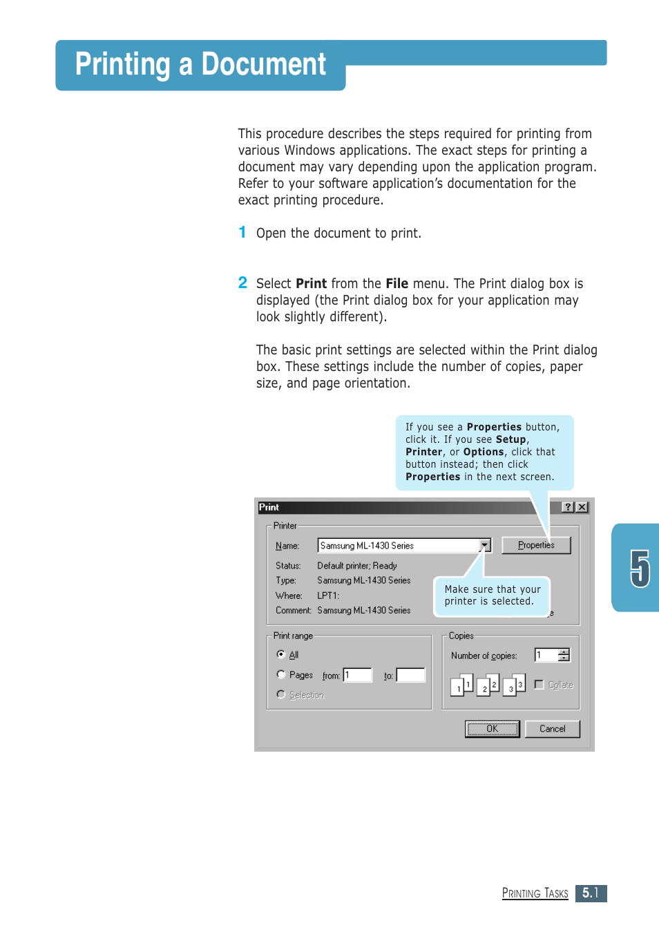 Printing a document | Samsung ML-1430 User Manual | Page 54 / 143