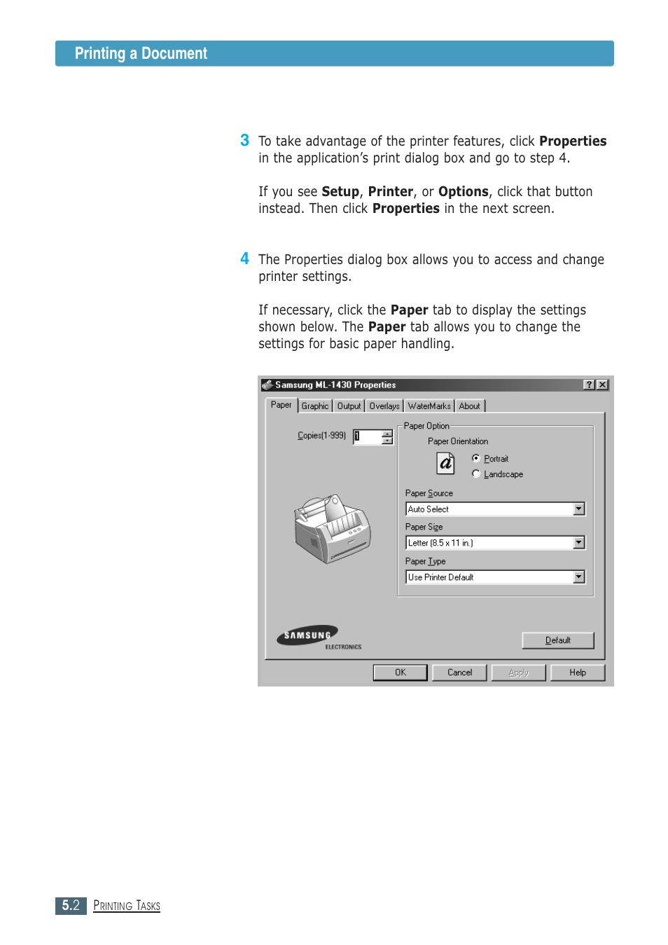 Printing a document | Samsung ML-1430 User Manual | Page 55 / 143