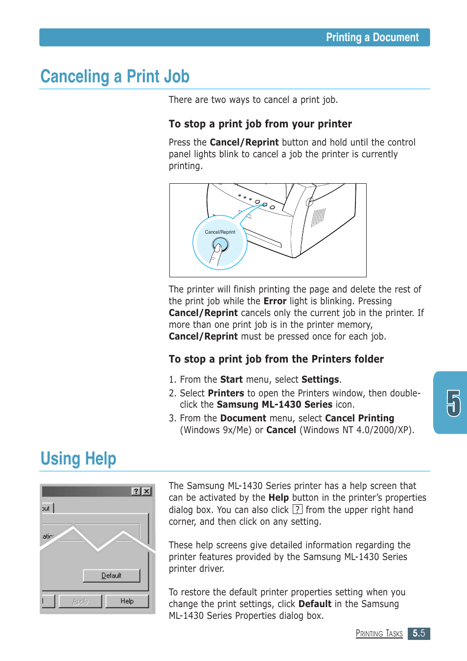 Canceling a print job, Using help, Canceling a print job using help | Printing a document | Samsung ML-1430 User Manual | Page 58 / 143
