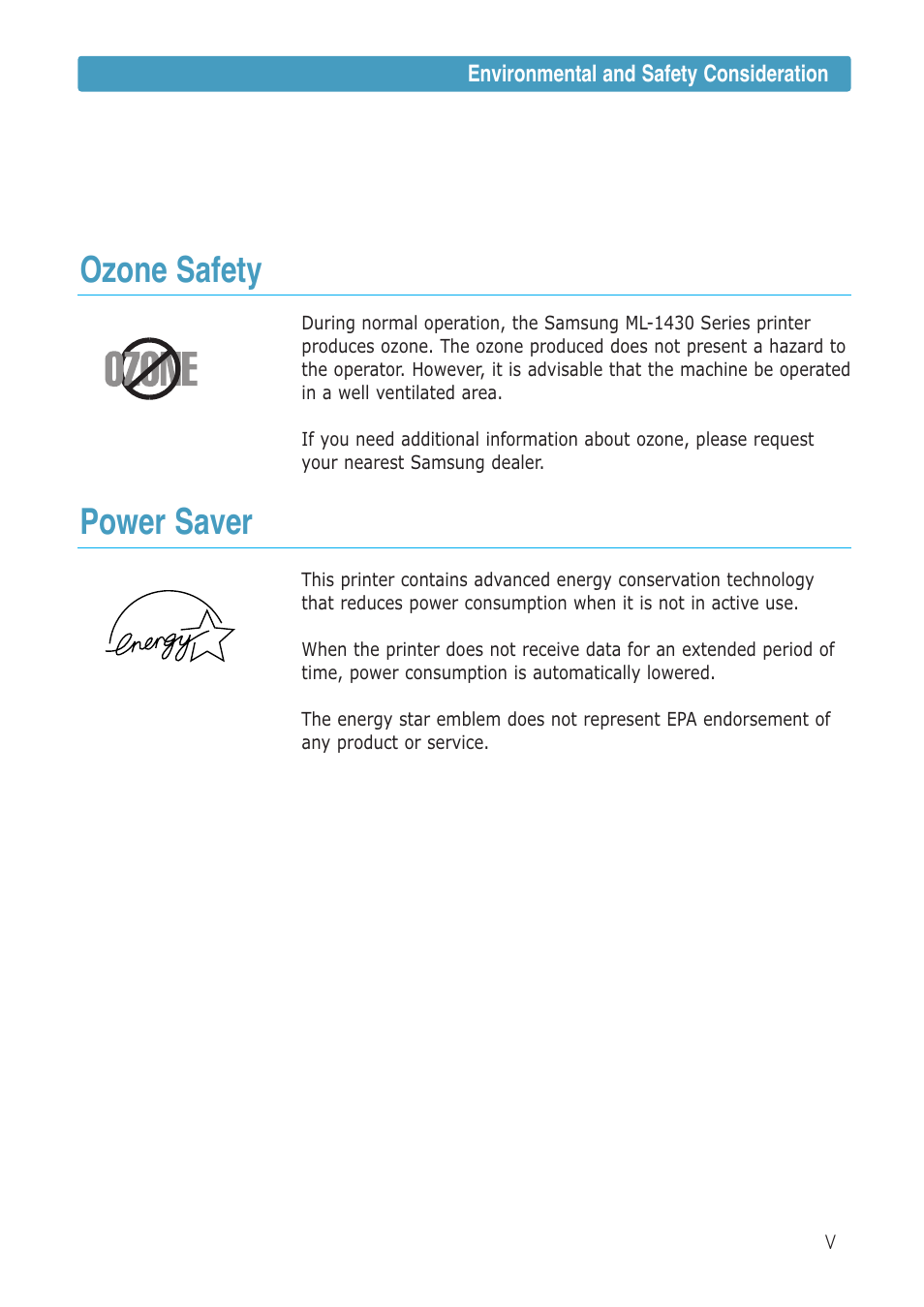Ozone safety power saver | Samsung ML-1430 User Manual | Page 6 / 143