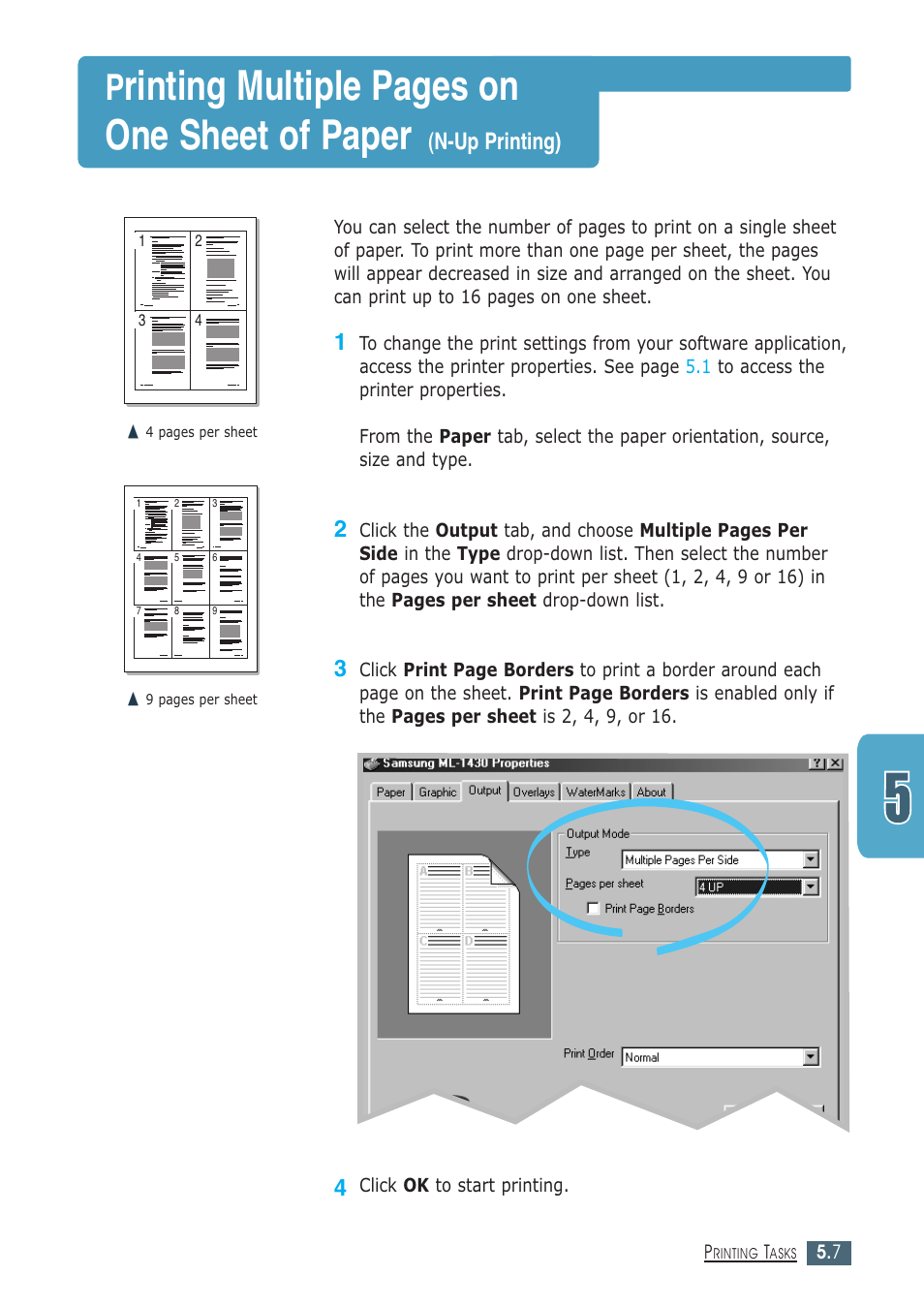 Rinting multiple pages on one sheet of paper, N-up printing) | Samsung ML-1430 User Manual | Page 60 / 143