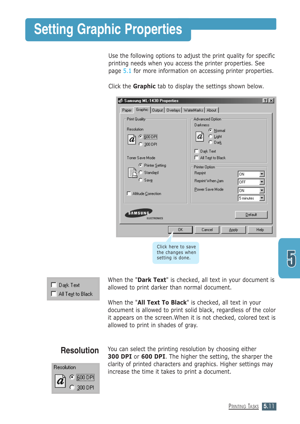 Setting graphic properties, Resolution | Samsung ML-1430 User Manual | Page 64 / 143