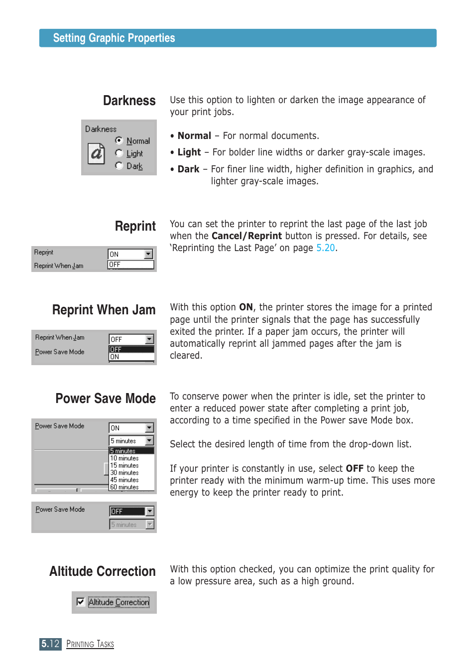 Darkness, Reprint when jam, Reprint | Altitude correction, Power save mode | Samsung ML-1430 User Manual | Page 65 / 143
