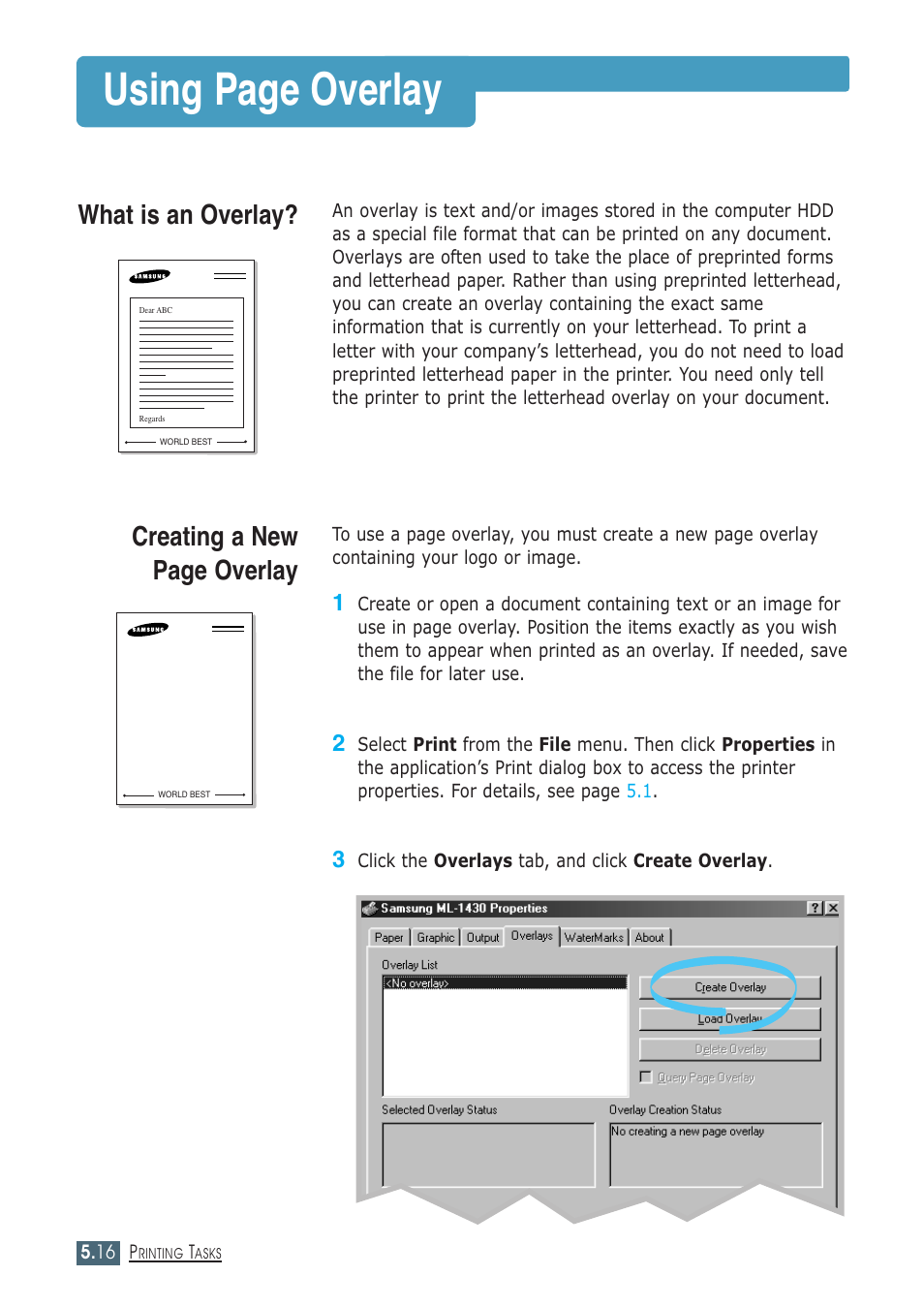 Using page overlay, What is an overlay, Creating a new page overlay | Samsung ML-1430 User Manual | Page 69 / 143