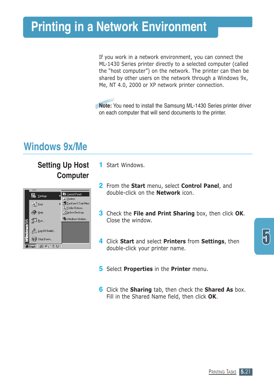 Printing in a network environment, Windows 9x/me, Setting up host computer | Samsung ML-1430 User Manual | Page 74 / 143