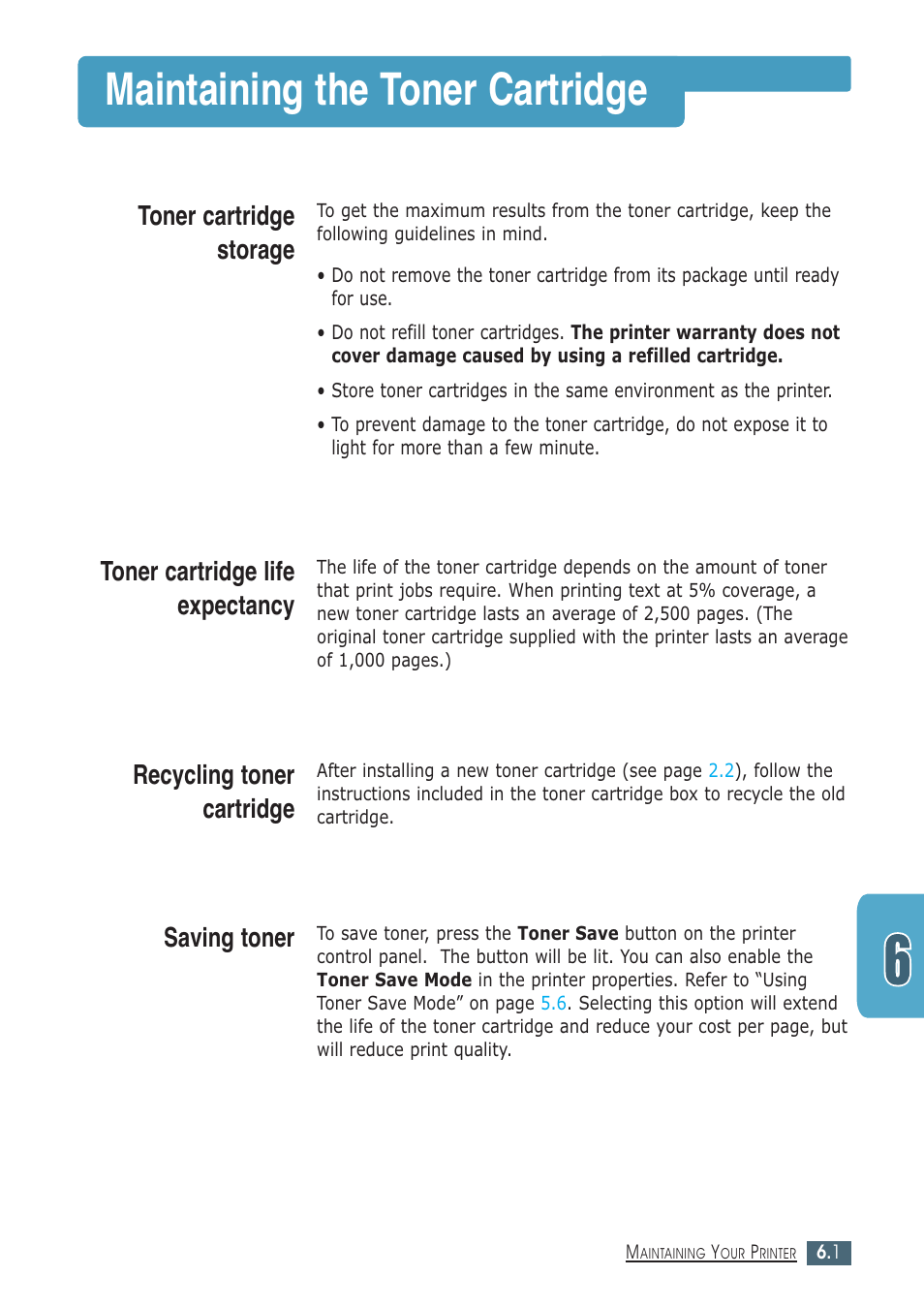 Maintaining the toner cartridge, Toner cartridge storage, Toner cartridge life expectancy | Recycling toner cartridge, Saving toner | Samsung ML-1430 User Manual | Page 80 / 143