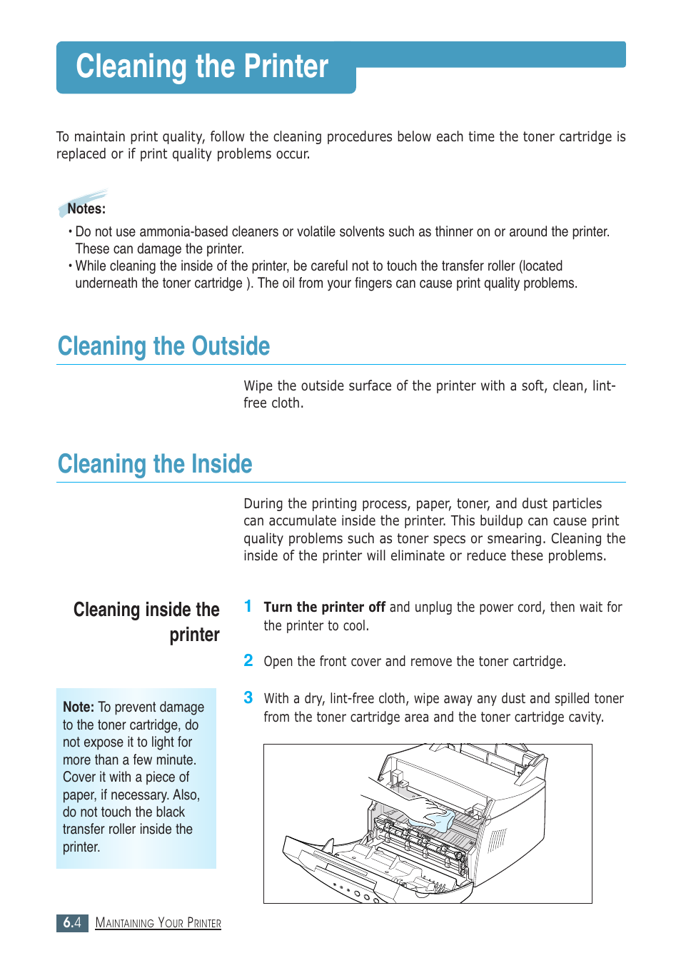 Cleaning the printer, Cleaning the outside, Cleaning the inside | Cleaning inside the printer | Samsung ML-1430 User Manual | Page 83 / 143