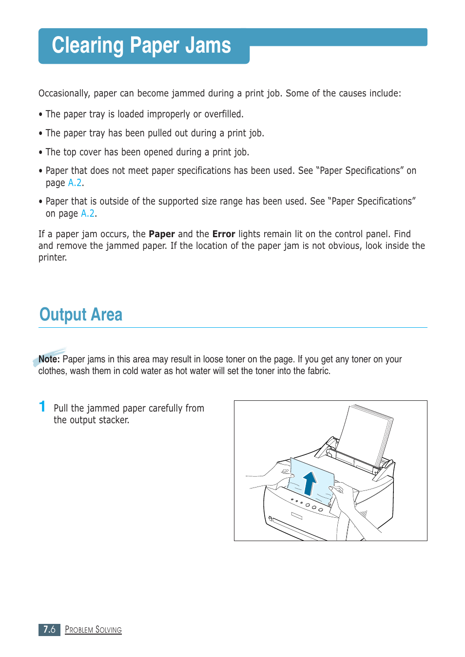 Clearing paper jams, Output area | Samsung ML-1430 User Manual | Page 91 / 143