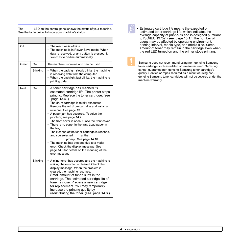 Understanding the status led, Understanding the status | Samsung SCX-6322DN User Manual | Page 14 / 148