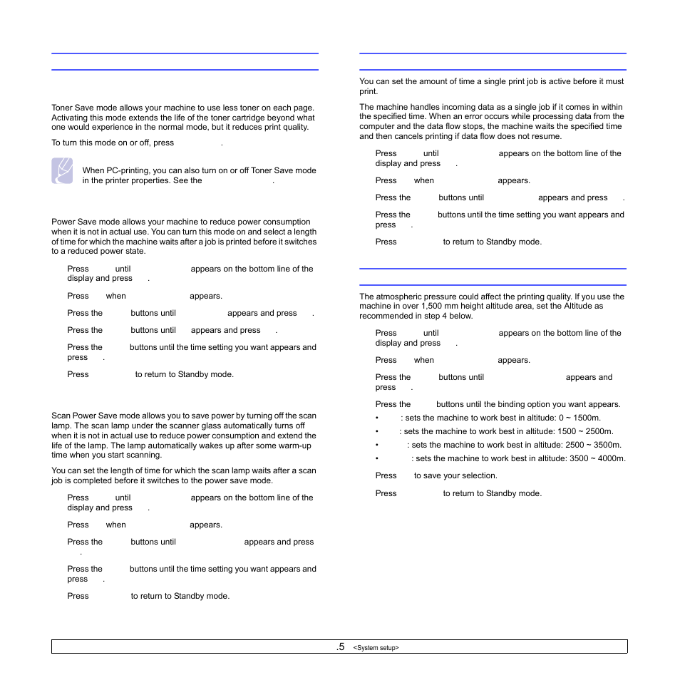 Using the save modes, Toner save mode, Power save mode | Scan power save mode, Setting print job timeout, Altitude adjustment | Samsung SCX-6322DN User Manual | Page 20 / 148