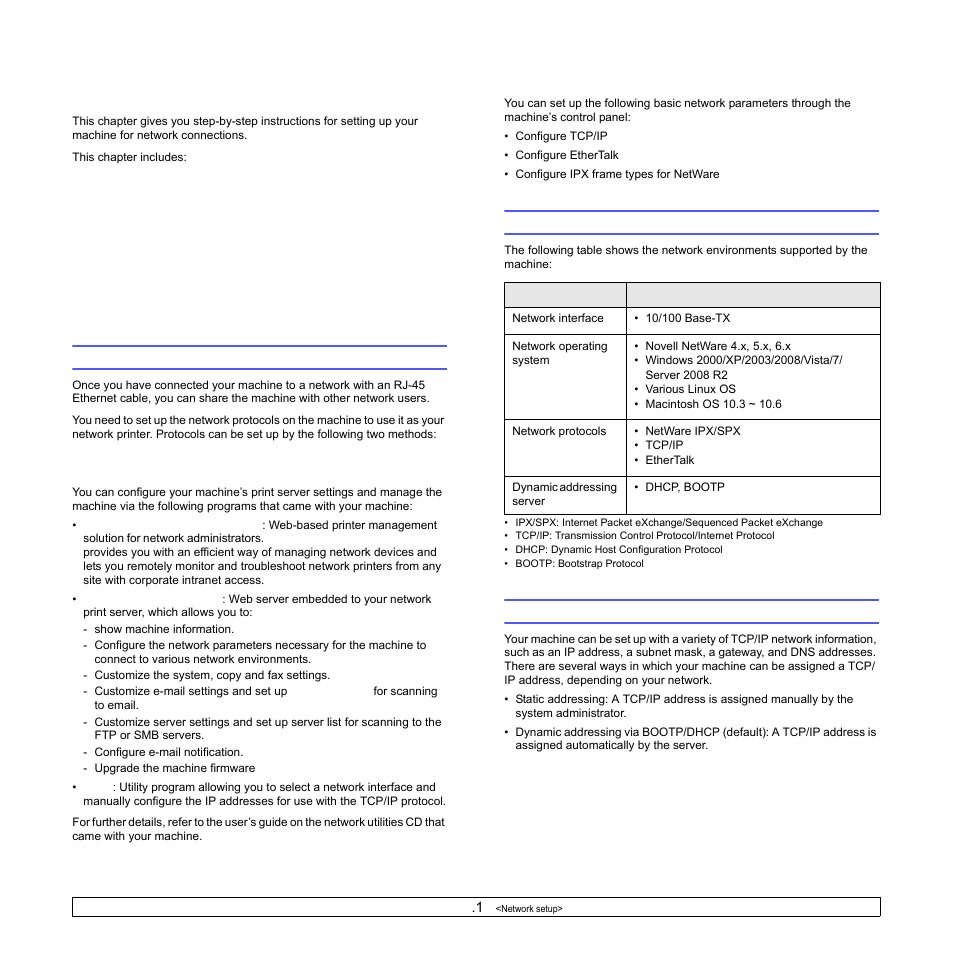 Network setup, Introduction, Via network administration programs | Via the control panel, Supported operating systems, Configuring tcp/ip | Samsung SCX-6322DN User Manual | Page 22 / 148