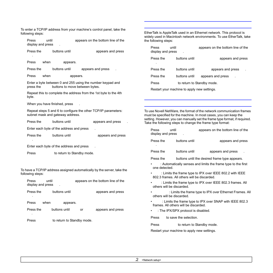Static addressing, Dynamic addressing (bootp/dhcp), Configuring ethertalk | Configuring ipx frame types, Configuring ethertalk configuring ipx frame types | Samsung SCX-6322DN User Manual | Page 23 / 148