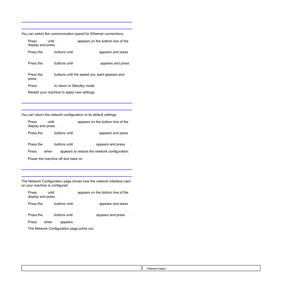 Setting ethernet speed, Restoring the network configuration, Printing a network configuration page | Samsung SCX-6322DN User Manual | Page 24 / 148