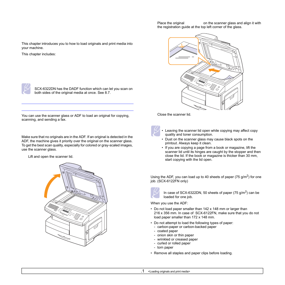 Loading originals and print media, Loading originals, On the scanner glass | In the adf | Samsung SCX-6322DN User Manual | Page 28 / 148
