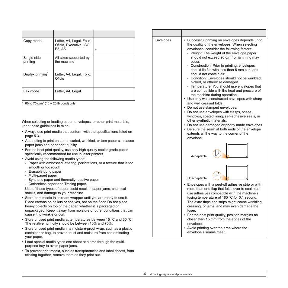 Media sizes supported in each mode, Guidelines for selecting and storing print media | Samsung SCX-6322DN User Manual | Page 31 / 148
