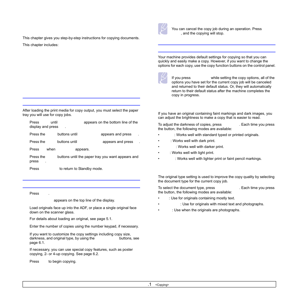 Copying, Selecting the paper tray, Changing the settings for each copy | Darkness, Original type | Samsung SCX-6322DN User Manual | Page 36 / 148