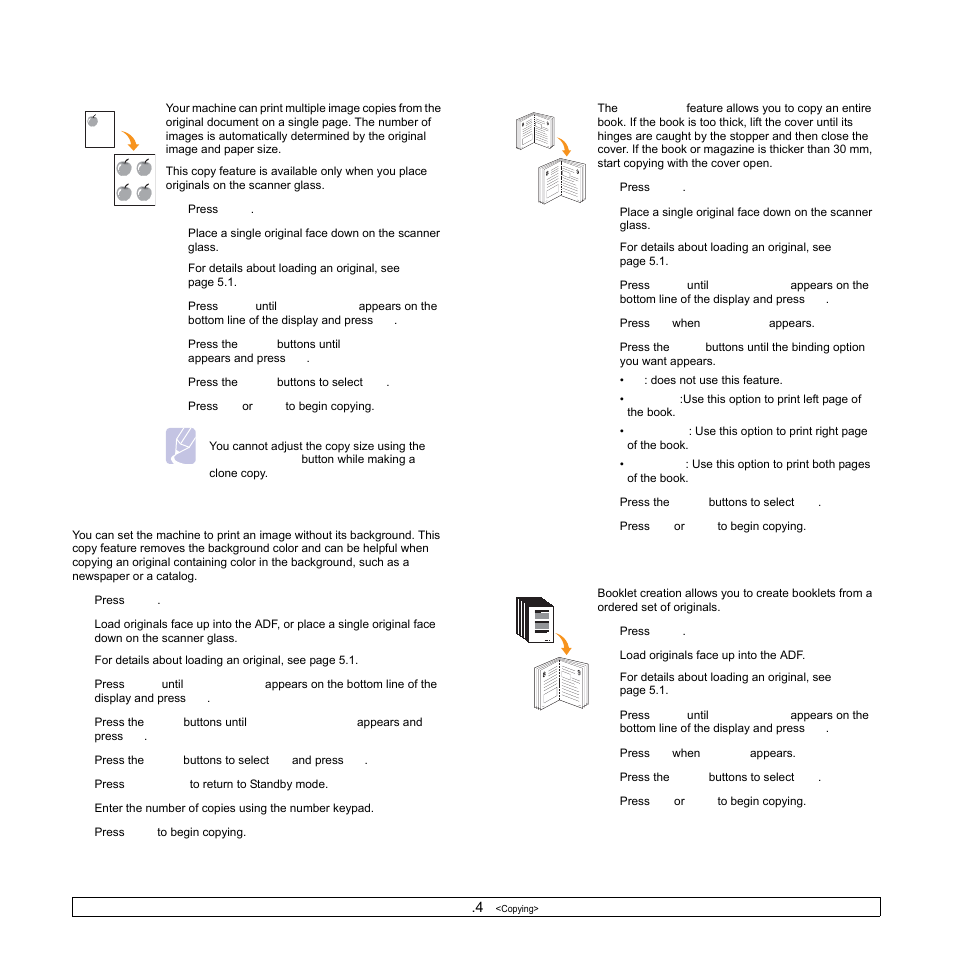 Clone copying, Erasing background images, Book copy | Booklet, Clone copying erasing background images, Book copy booklet | Samsung SCX-6322DN User Manual | Page 39 / 148