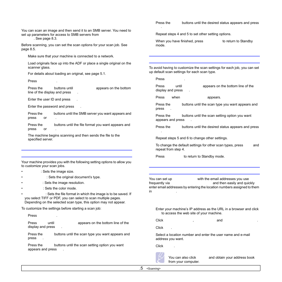 Scanning to an smb server, Changing the settings for each scan job, Changing the default scan settings | Setting up address book, Registering speed email numbers, Ge 8.5 | Samsung SCX-6322DN User Manual | Page 48 / 148