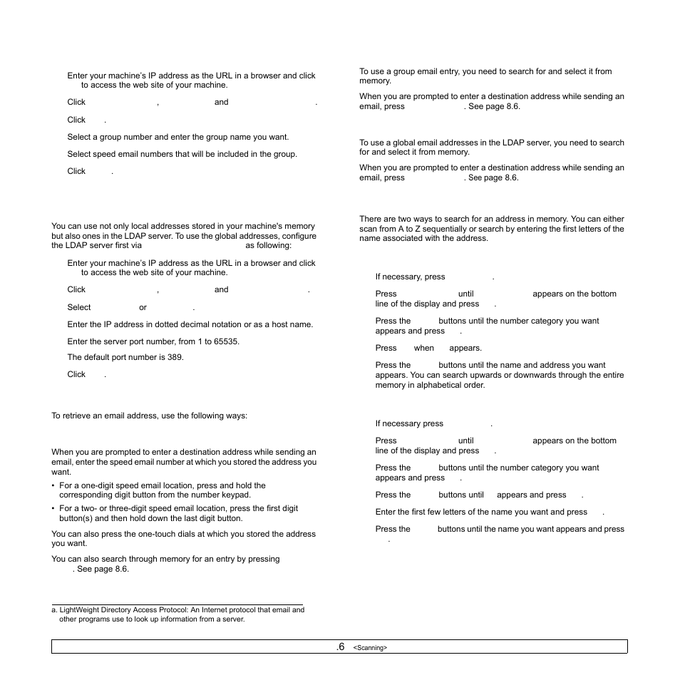 Configuring group email numbers, Using address book entries, Searching address book for an entry | Retrieving global email addresses from the ldap, Server | Samsung SCX-6322DN User Manual | Page 49 / 148