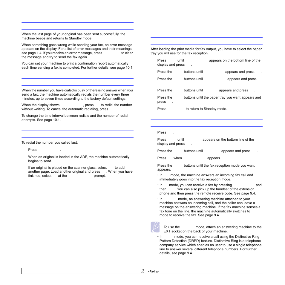 Confirming a transmission, Automatic redialing, Redialing the last number | Selecting the paper tray, Changing receiving modes, Receiving a fax | Samsung SCX-6322DN User Manual | Page 53 / 148