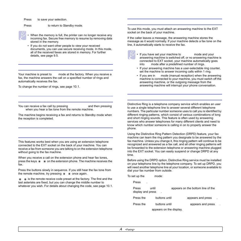 Receiving automatically in fax mode, Receiving manually in tel mode, Receiving manually using an extension telephone | Receiving automatically in ans/fax mode, Receiving faxes using drpd mode, Receiving automatically in fax, Receiving manually in te, Receiving faxes using drpd, Ge 9.4 | Samsung SCX-6322DN User Manual | Page 54 / 148