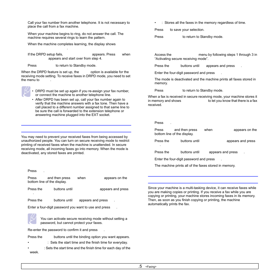 Receiving in secure receiving mode, Activating secure receiving mode, Deactivating secure receiving mode | Printing received faxes, Receiving faxes in memory | Samsung SCX-6322DN User Manual | Page 55 / 148