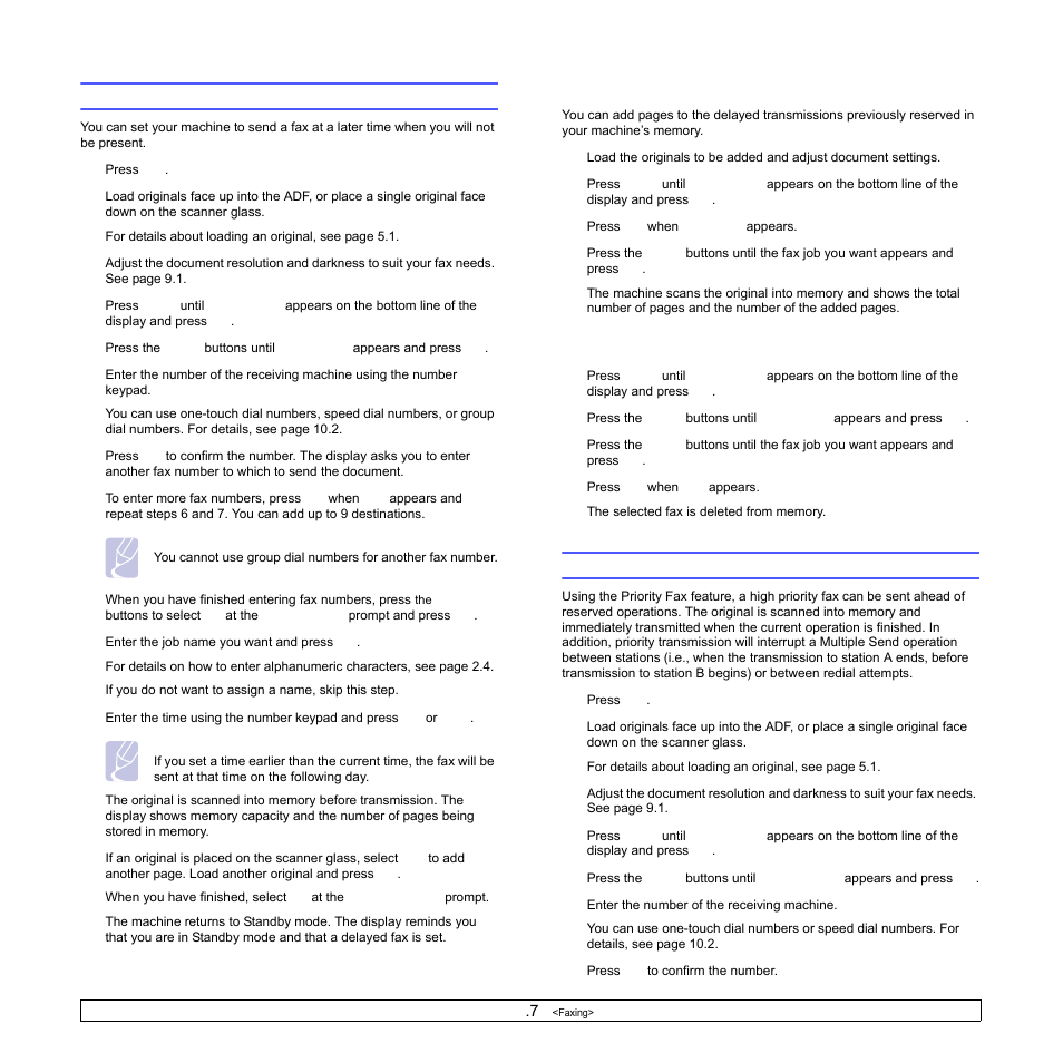 Sending a delayed fax, Canceling a delayed fax, Sending a priority fax | Sending a delayed fax sending a priority fax, Adding pages to a delayed fax | Samsung SCX-6322DN User Manual | Page 57 / 148