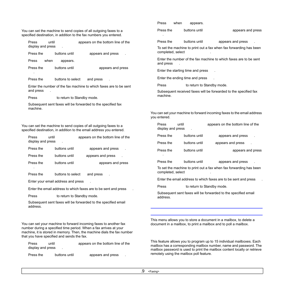 Forwarding sent faxes to another fax machine, Forwarding sent faxes to email address, Forwarding received faxes to another fax machine | Mail box, Setting up a mailbox | Samsung SCX-6322DN User Manual | Page 59 / 148