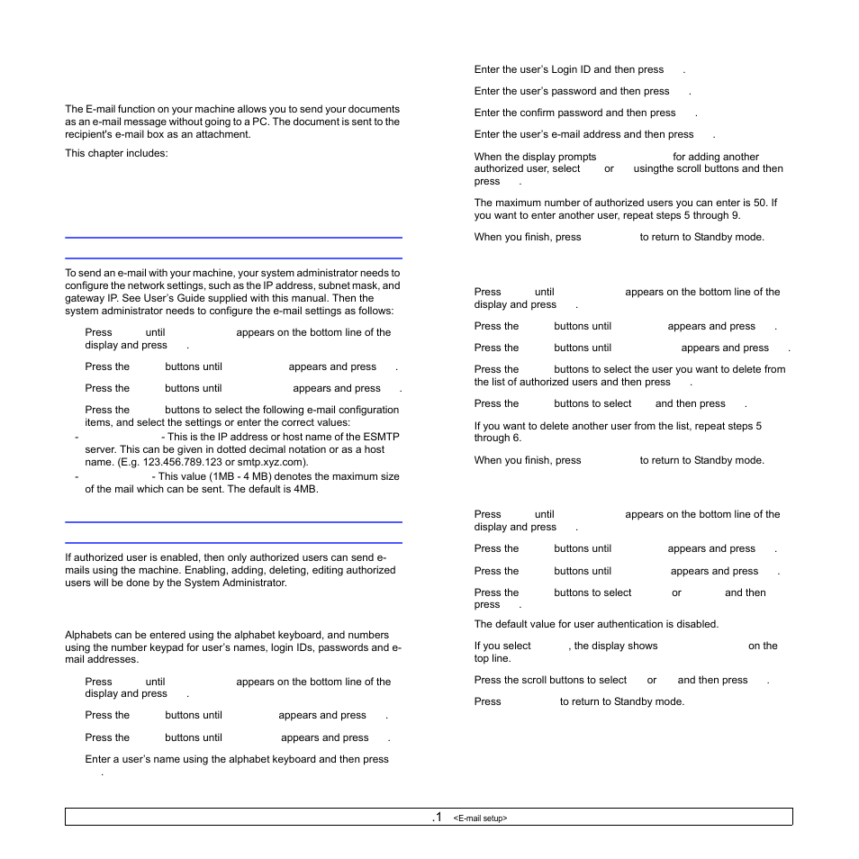 E-mail setup, Setting up your e-mail system, Setting authorized users | Adding authorized users, Deleting authorized users, Enabling authorized users, 1 fo | Samsung SCX-6322DN User Manual | Page 65 / 148