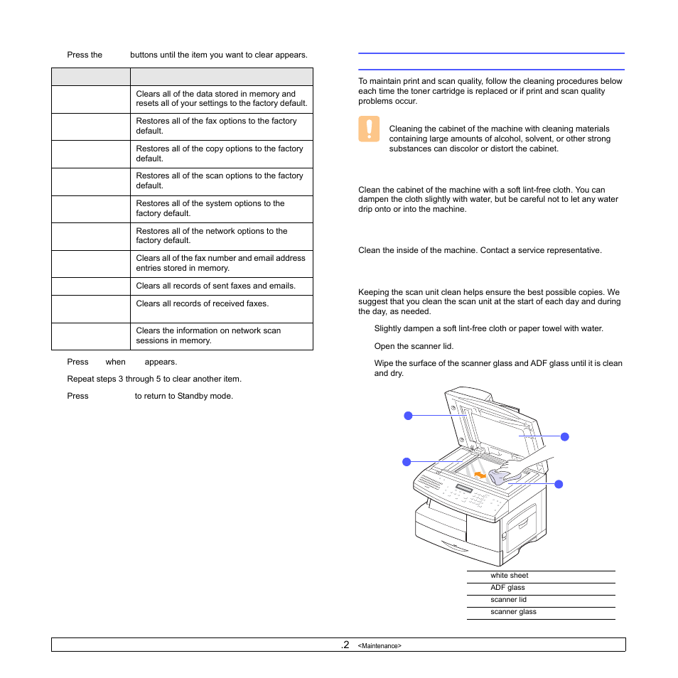 Cleaning your machine, Cleaning the outside, Cleaning the inside | Cleaning the scan unit | Samsung SCX-6322DN User Manual | Page 69 / 148