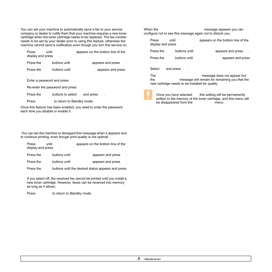 Sending new toner notification, Clearing the toner empty replace toner message | Samsung SCX-6322DN User Manual | Page 75 / 148