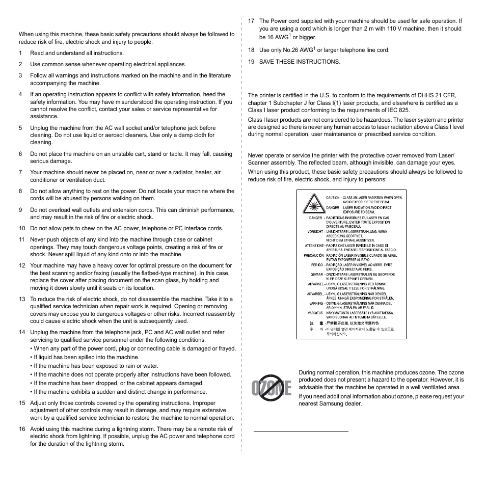 Important precautions and safety information, Laser safety statement, Ozone safety | Samsung SCX-6322DN User Manual | Page 8 / 148