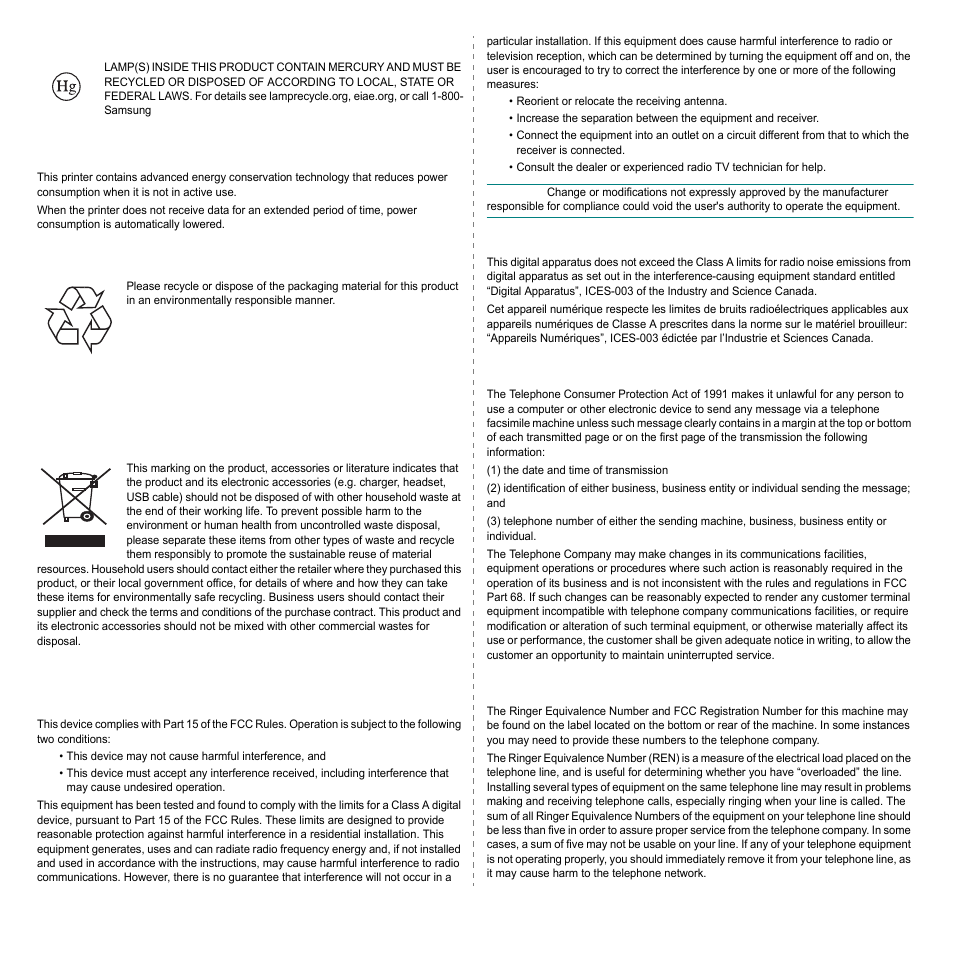 Mercury safety, Power saver, Recycling | Radio frequency emissions, Fax branding, Ringer equivalence number | Samsung SCX-6322DN User Manual | Page 9 / 148