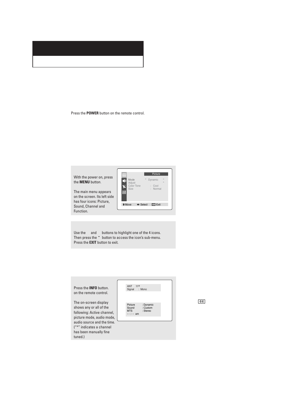 Chapter 3 : operation, Turning the tv on and off, Viewing the menus and on-screen displays | Viewing the menus, Viewing the display | Samsung CL15K5MN User Manual | Page 17 / 40