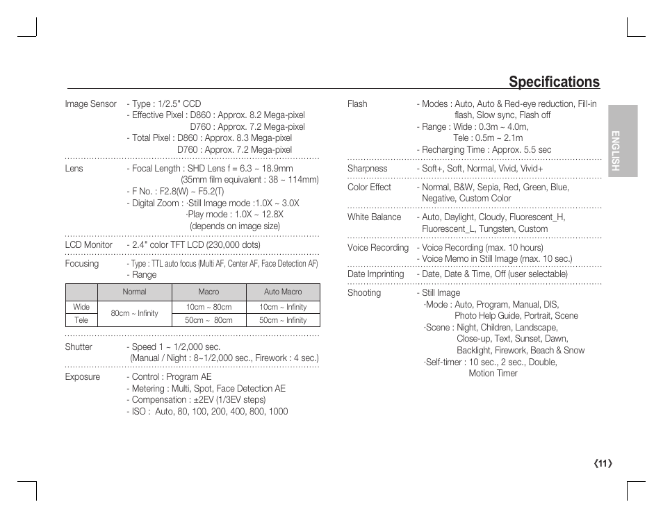 Specifi cations | Samsung D860 User Manual | Page 12 / 98