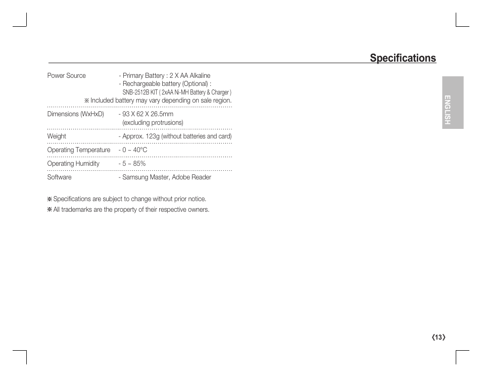 Specifi cations | Samsung D860 User Manual | Page 14 / 98