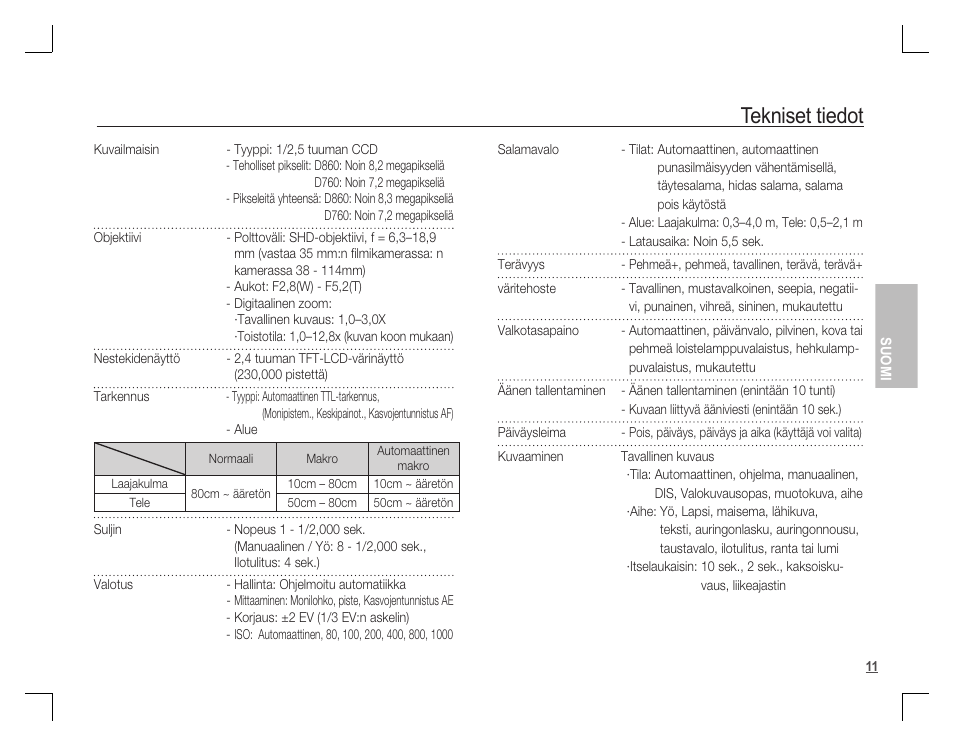 Tekniset tiedot | Samsung D860 User Manual | Page 44 / 98