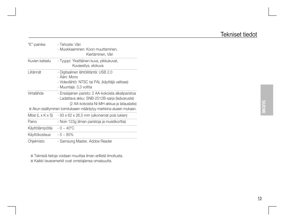 Tekniset tiedot | Samsung D860 User Manual | Page 46 / 98