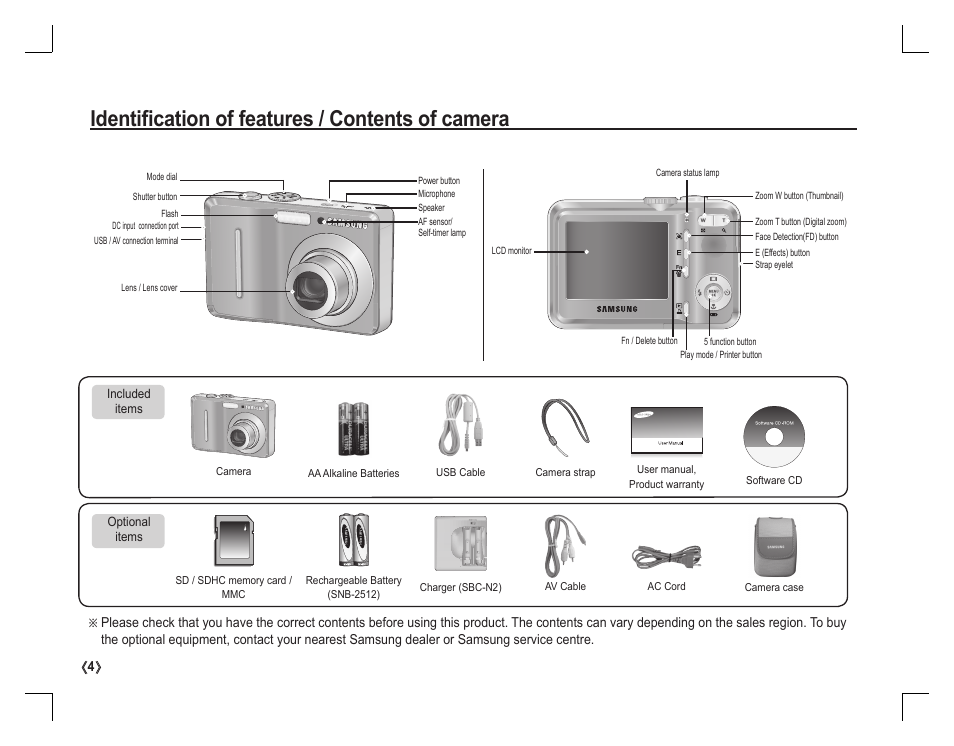 Identifi cation of features / contents of camera | Samsung D860 User Manual | Page 5 / 98